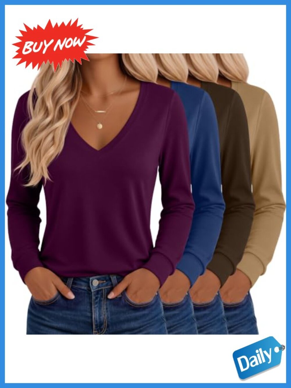 4 Pack Women's Long Sleeve V Neck Tops Cotton Spandex Casual Fall Shirts